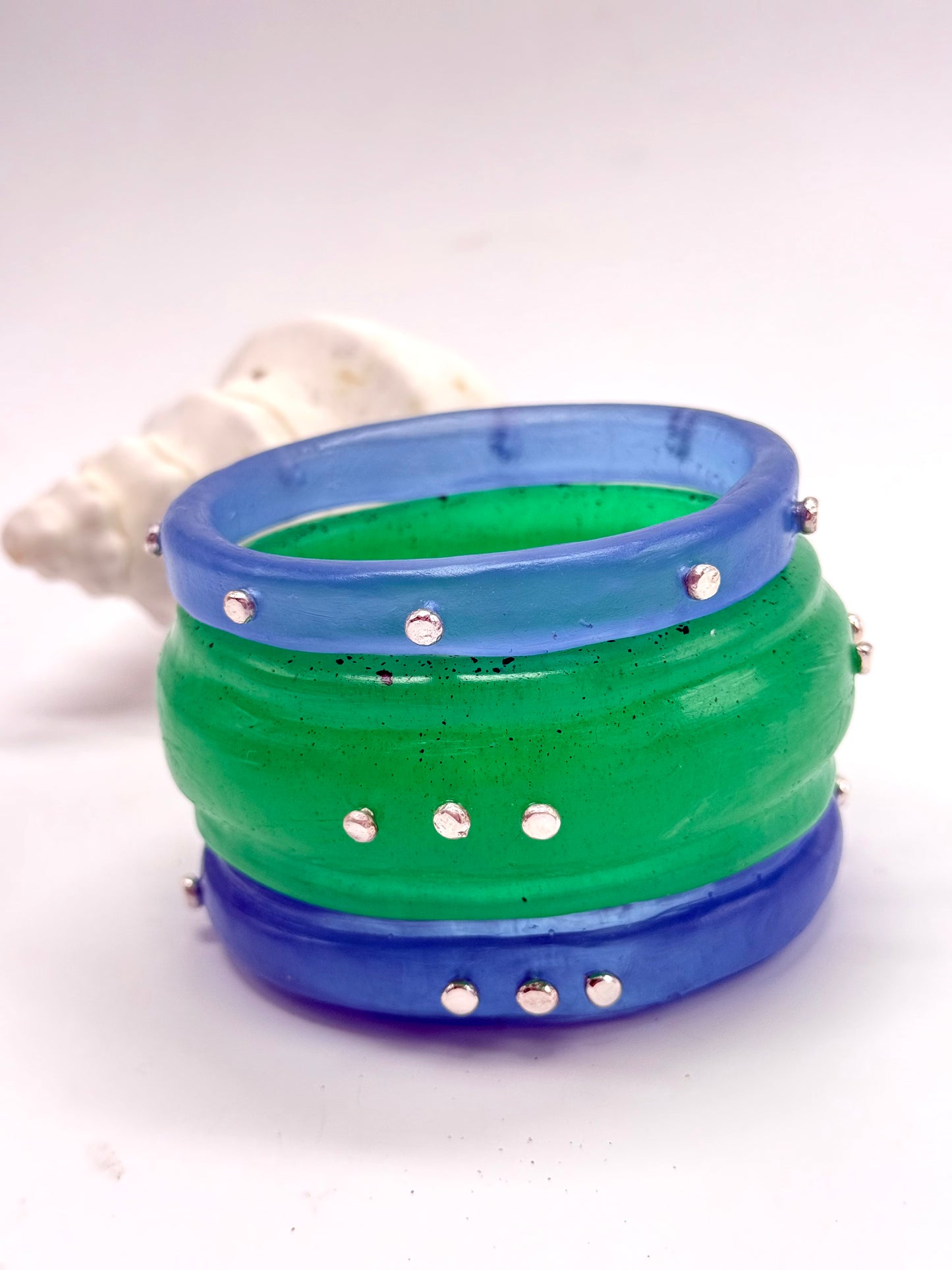 Pale Jade Green Oval Thick Rim Resin & silver wide bangle - XS hand size