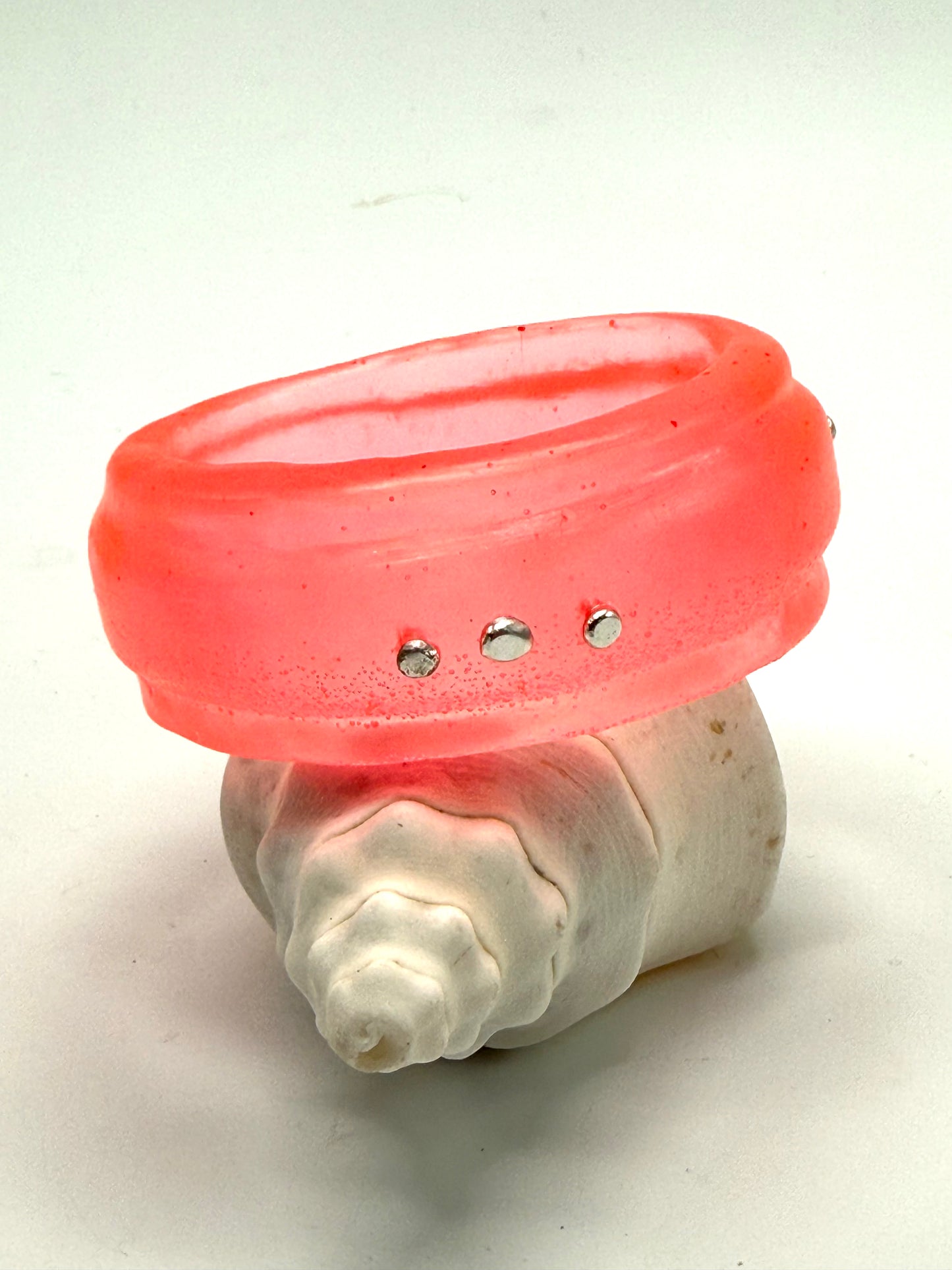 Neon Red Oval Thick Rim Resin & silver wide bangle - XS hand size
