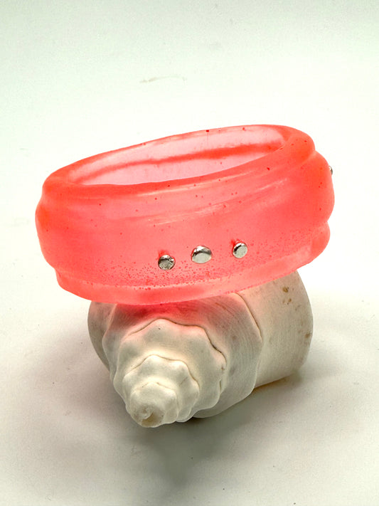 Neon Red Oval Thick Rim Resin & silver wide bangle - XS hand size