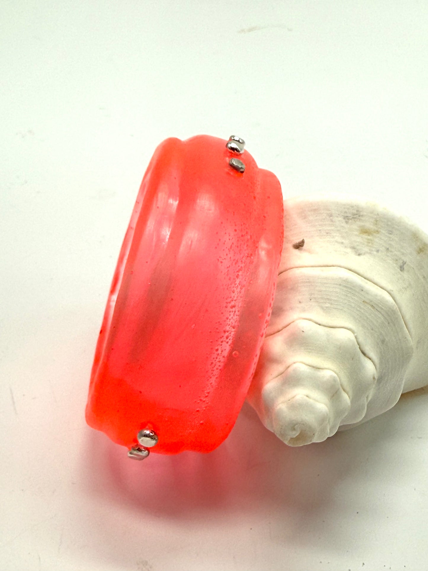 Neon Red Oval Thick Rim Resin & silver wide bangle - XS hand size