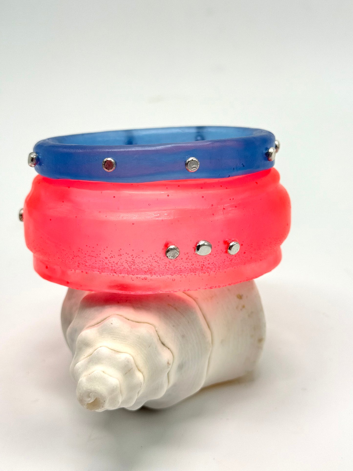 Neon Red Oval Thick Rim Resin & silver wide bangle - XS hand size