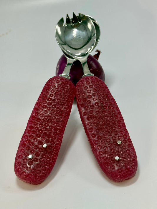 Salad Servers - Cherry red resin & silver spot handle with Stainless steel spoon