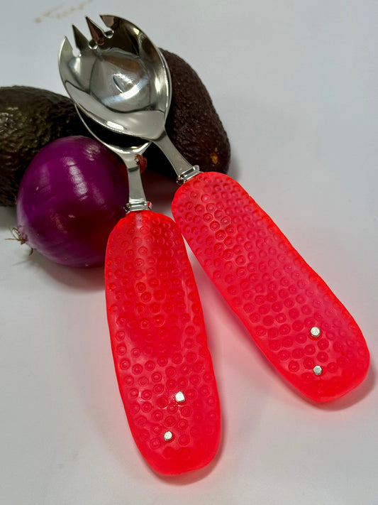 Salad Servers - Neon red resin & silver spot handle with Stainless steel spoon