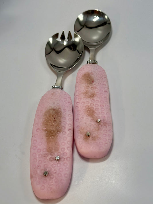Salad Servers - Pale Pink & gold resin & silver spot handle with Stainless steel spoon