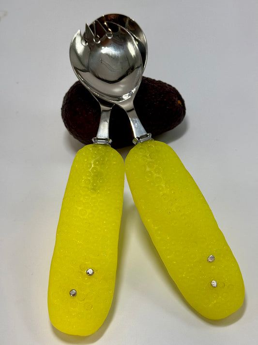 Salad Servers - Bright Yellow resin & silver spot handle with Stainless steel spoon