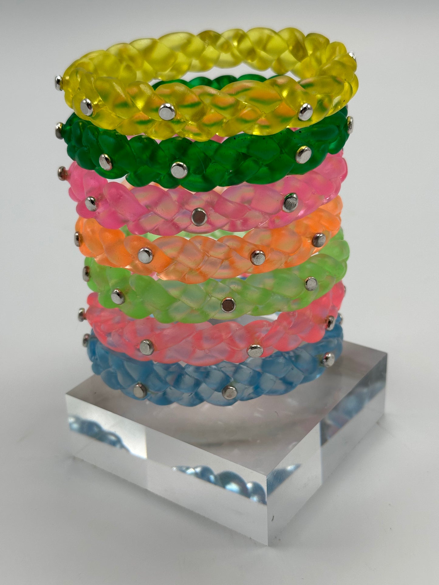 Neon Translucent Green resin and sterling silver rivet plaited classic bangle