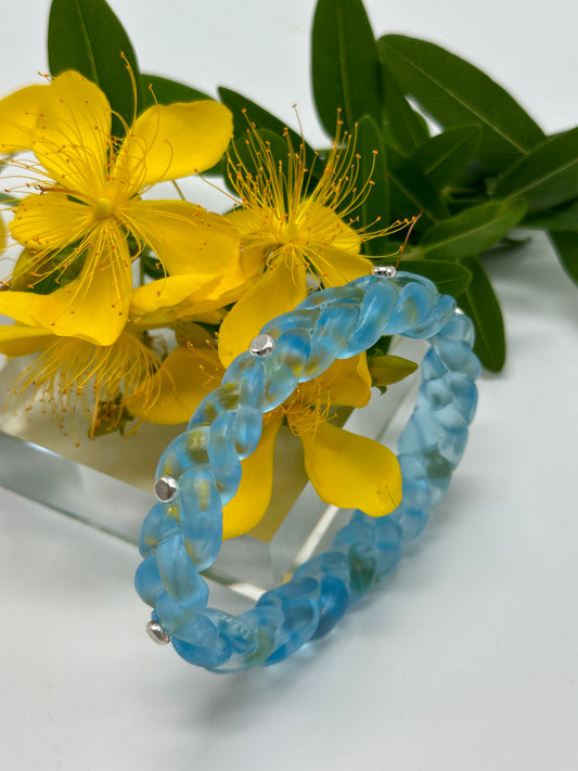 Pale Translucent Blue resin and sterling silver rivet plaited classic bangle