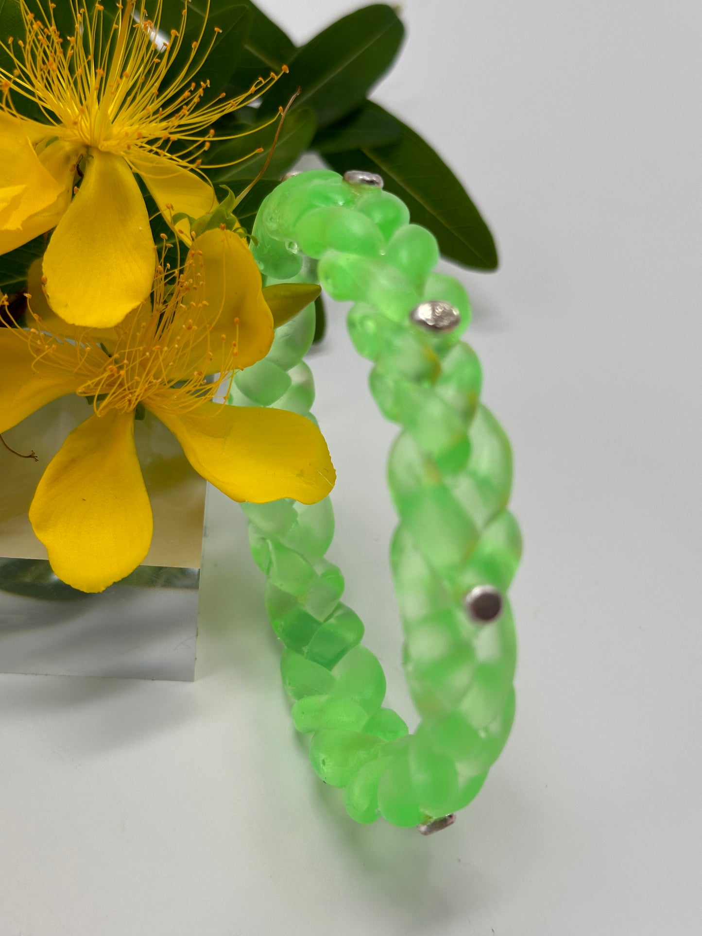 Neon Translucent Green resin and sterling silver rivet plaited classic bangle