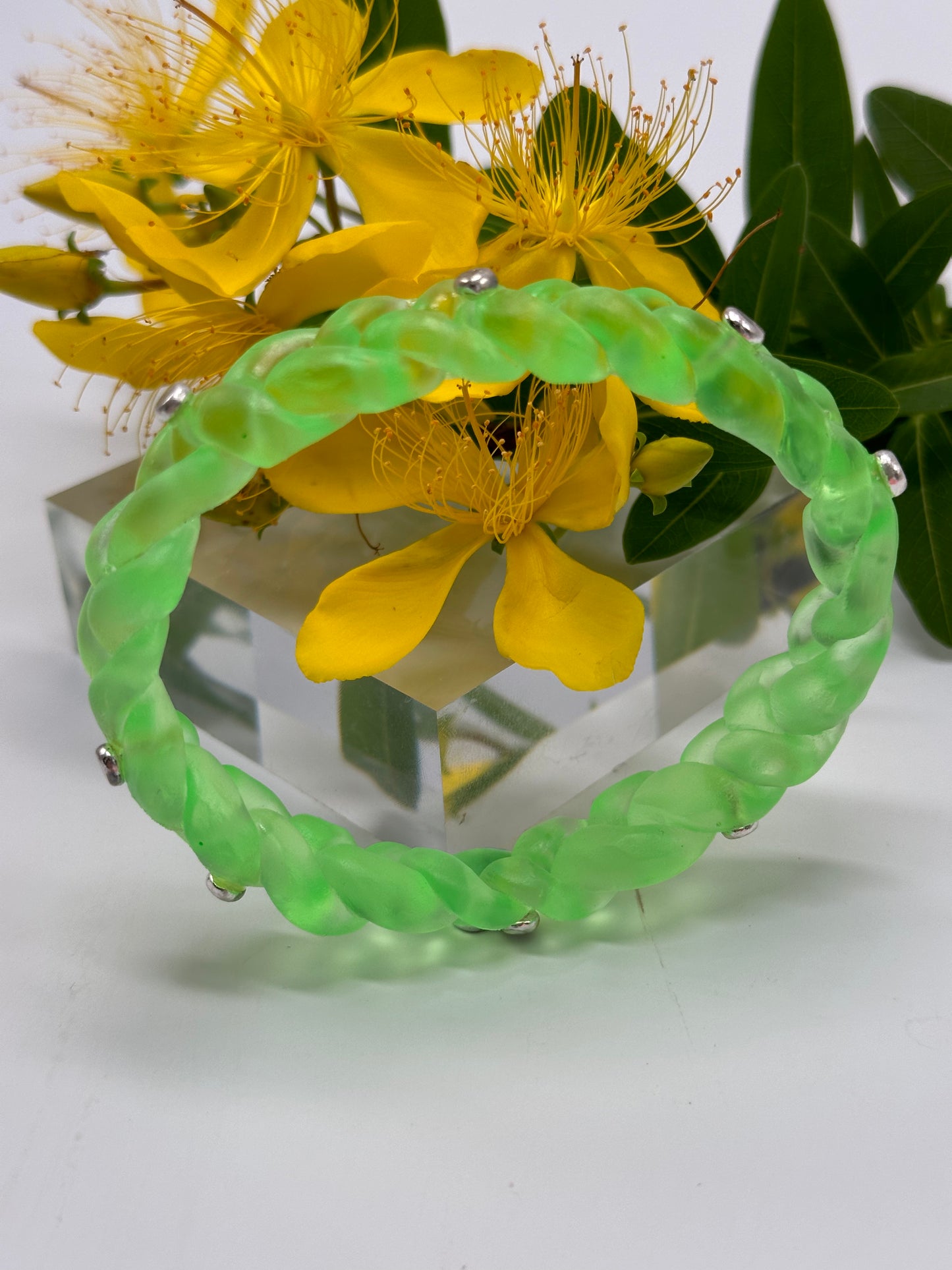 Neon Translucent Green resin and sterling silver rivet plaited classic bangle