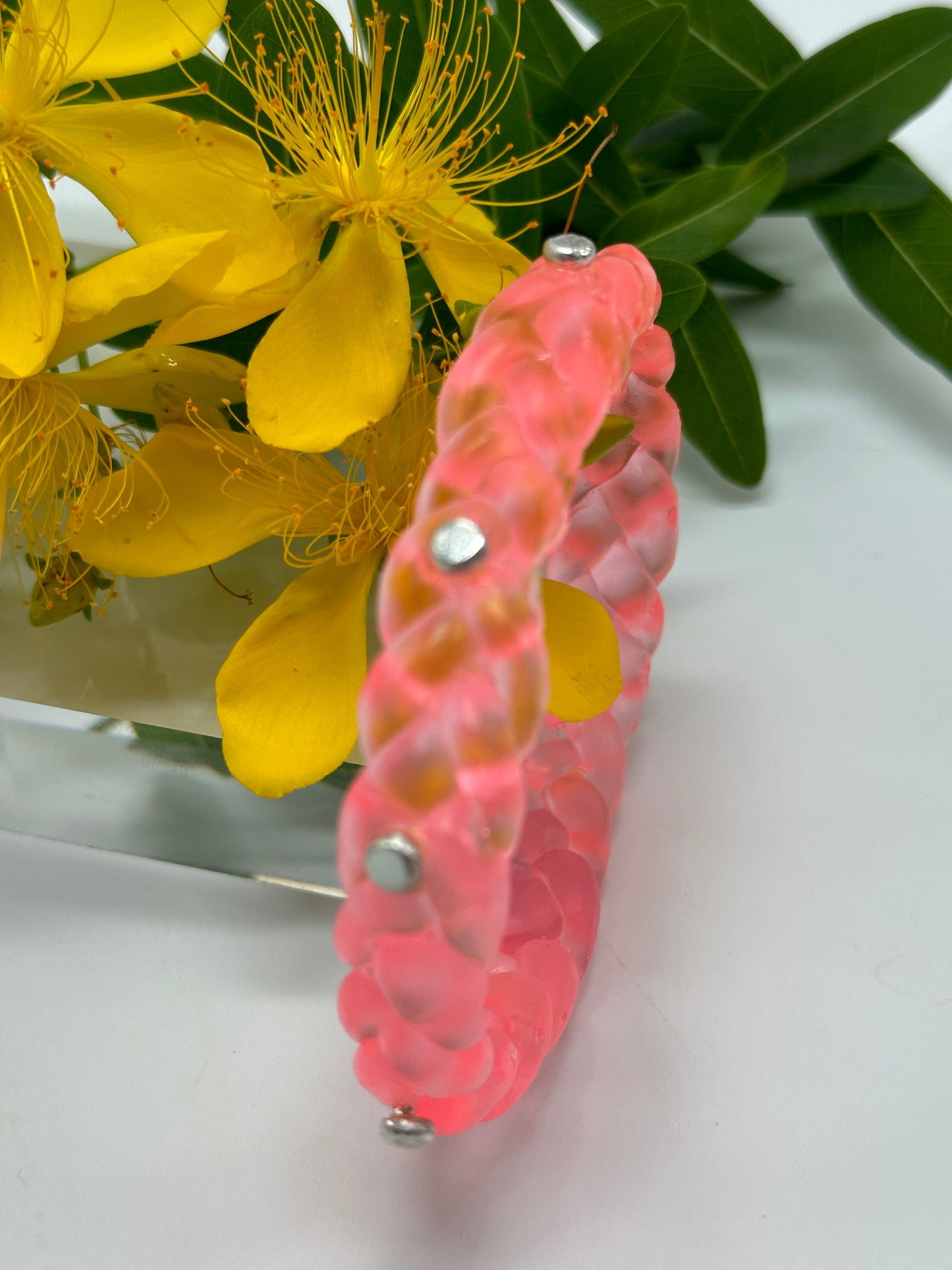 Neon Translucent Coral resin and sterling silver rivet plaited classic bangle