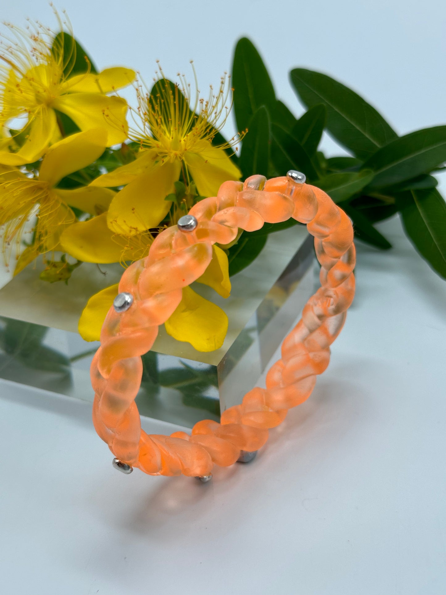 Neon Translucent Orange resin and sterling silver rivet plaited classic bangle