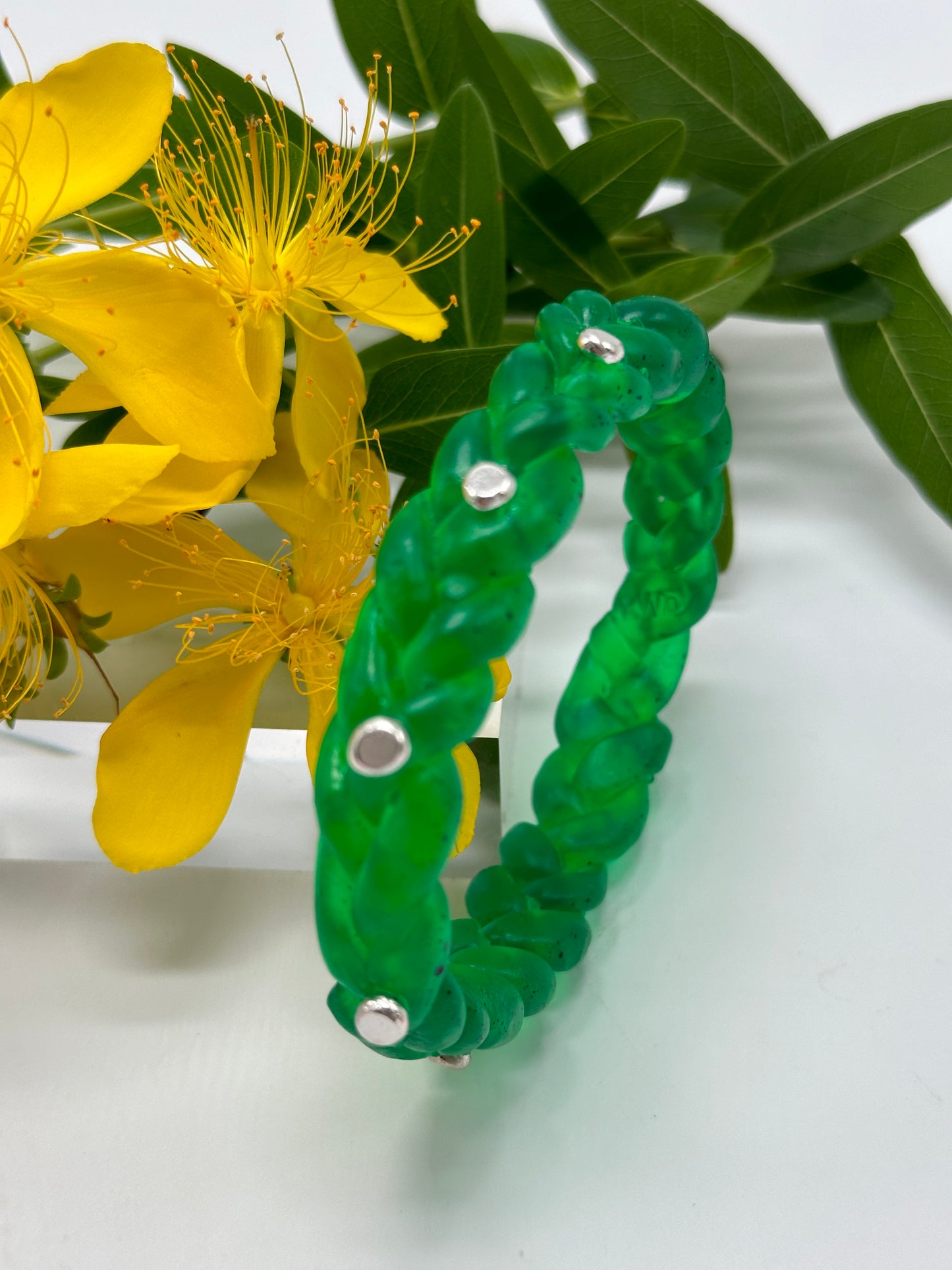 Jade Green resin and sterling silver rivet plaited classic bangle