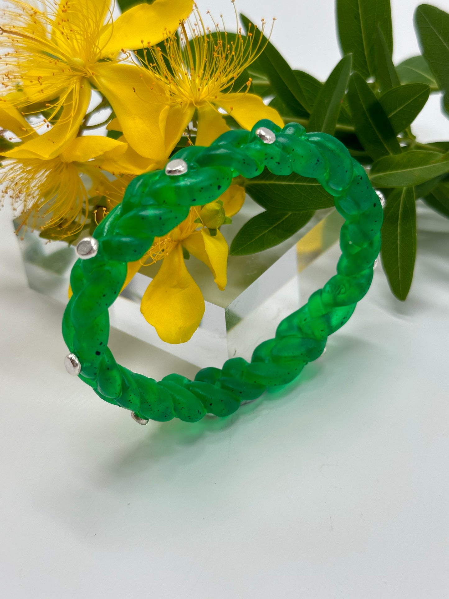 Jade Green resin and sterling silver rivet plaited classic bangle