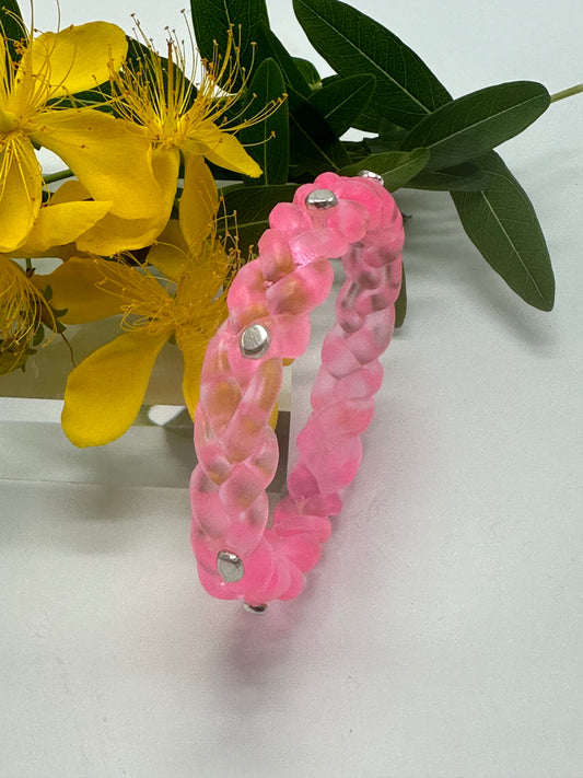 Neon Translucent Pink resin and sterling silver rivet plaited classic bangle