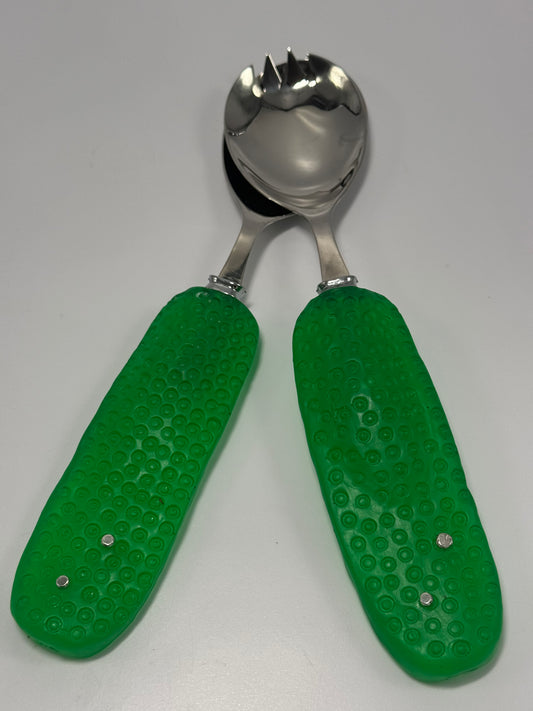 Salad Servers - Jade green resin & silver spot handle with Stainless steel spoon
