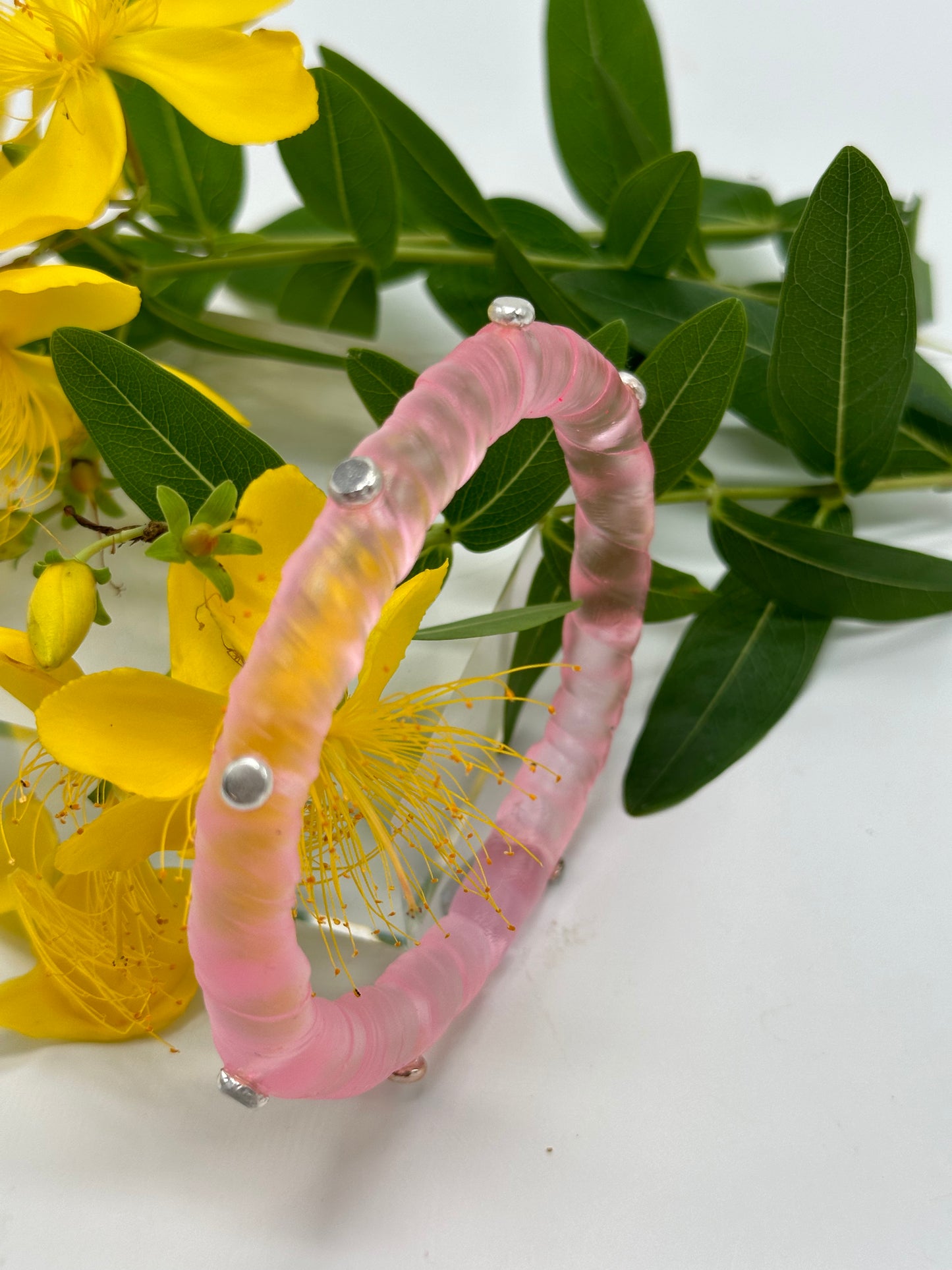 Pale Translucent Pink resin and sterling silver rivet 'simple twist' classic bangle