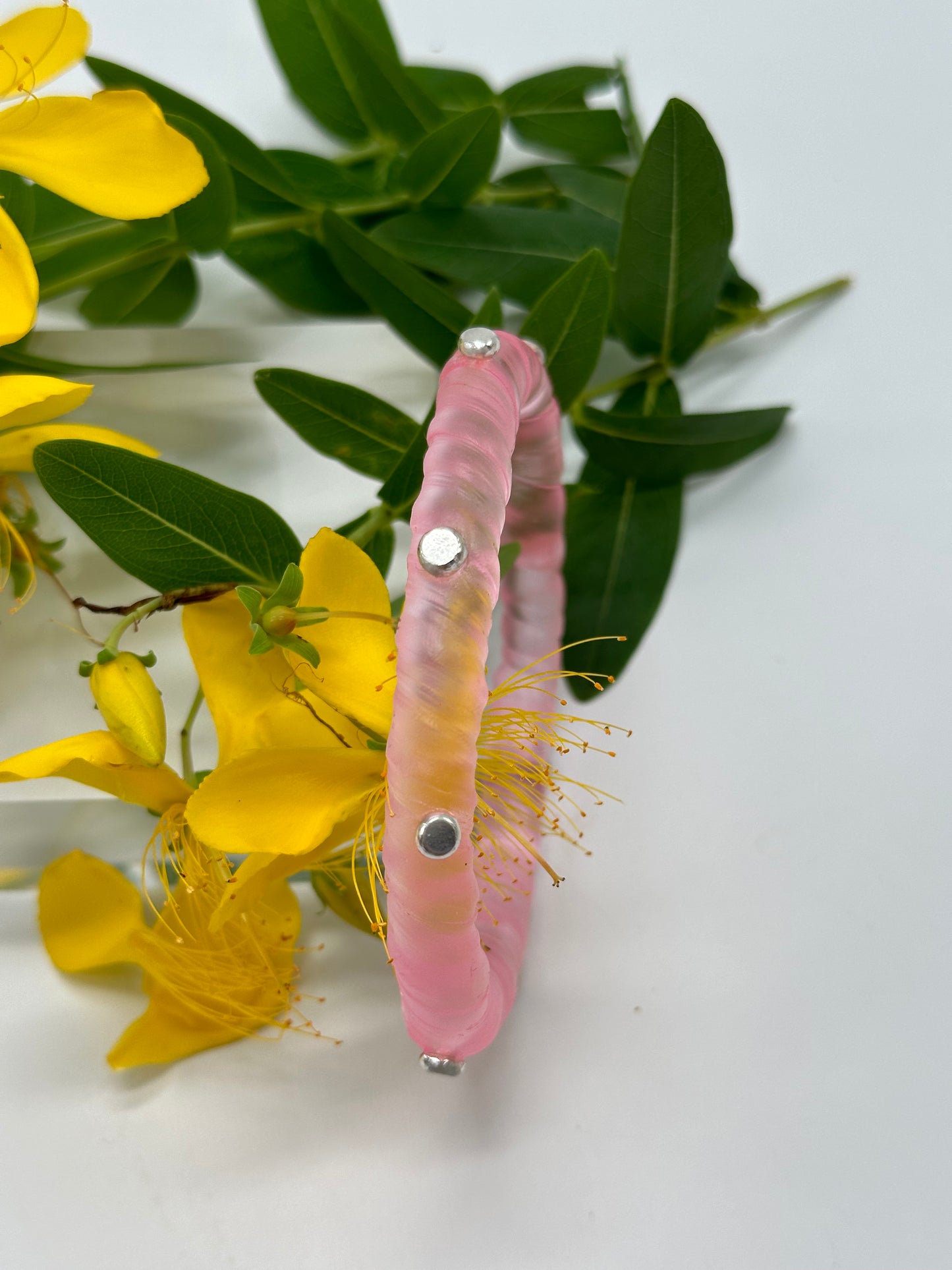 Pale Translucent Pink resin and sterling silver rivet 'simple twist' classic bangle