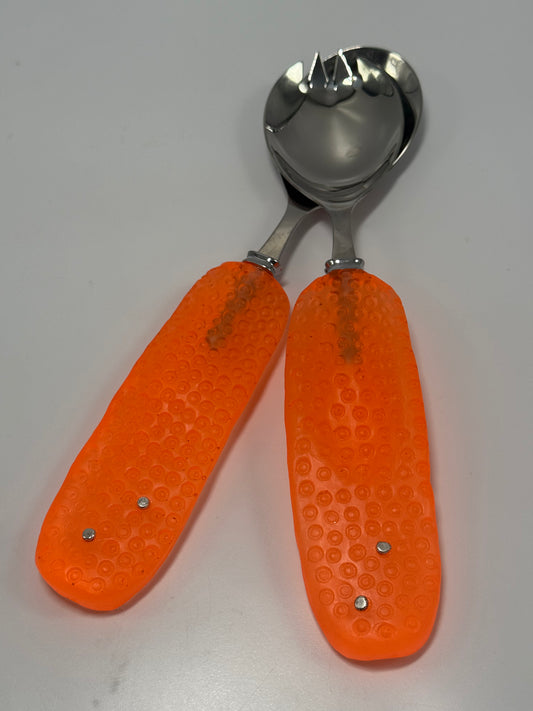 Salad Servers - Neon Orange resin & silver spot handle with Stainless steel spoon