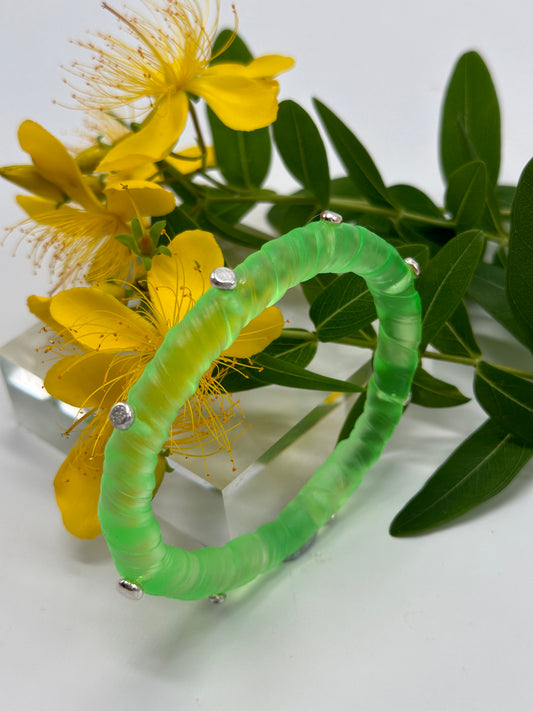 Translucent Neon Green resin and sterling silver rivet 'simple twist' classic bangle