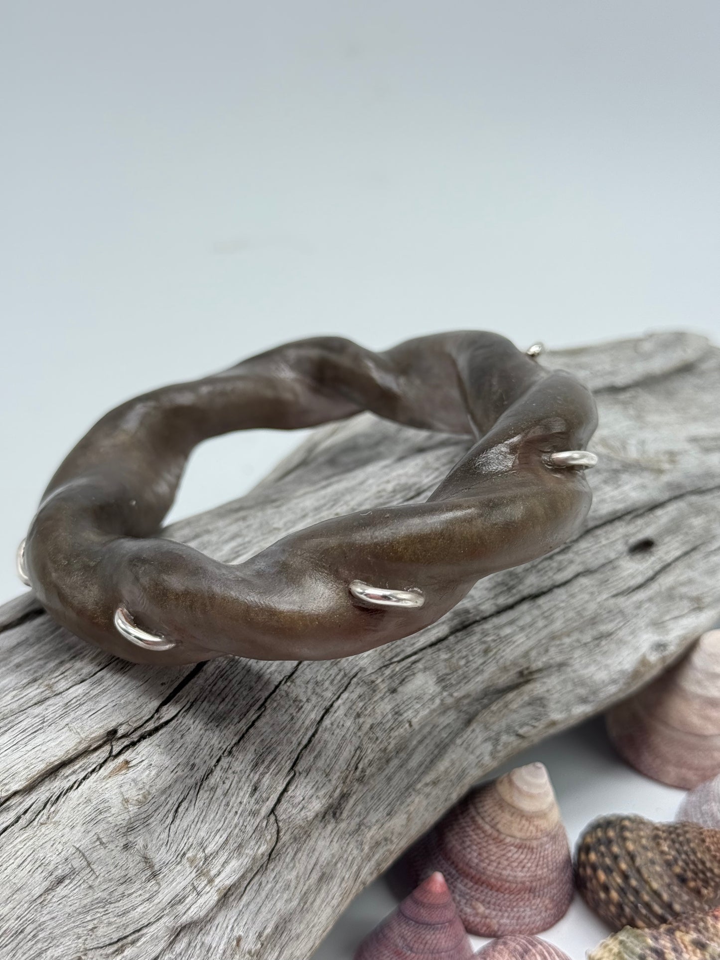 Moss coloured Chunky twist resin & silver bangle