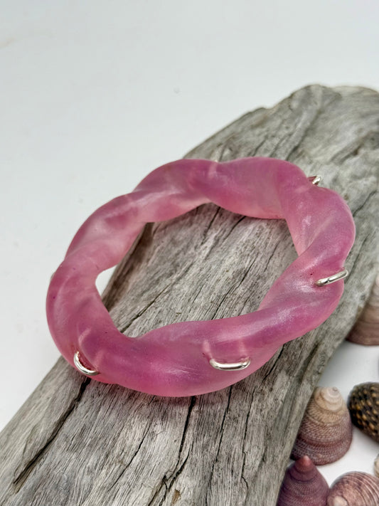 Pink coloured Chunky twist resin & silver bangle