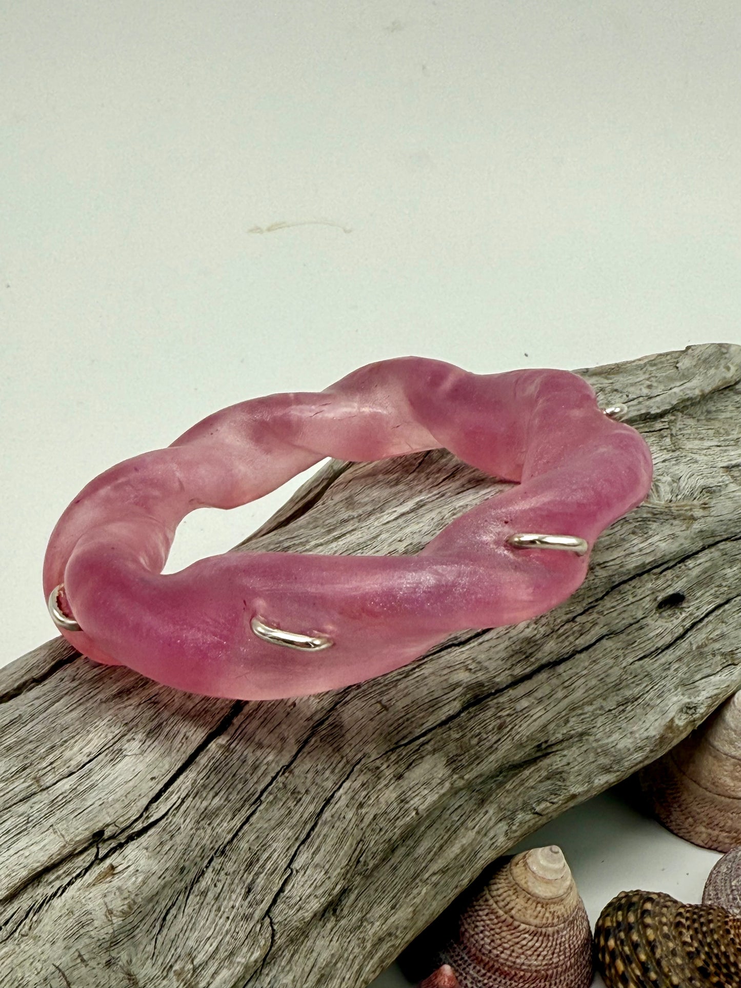 Pink coloured Chunky twist resin & silver bangle