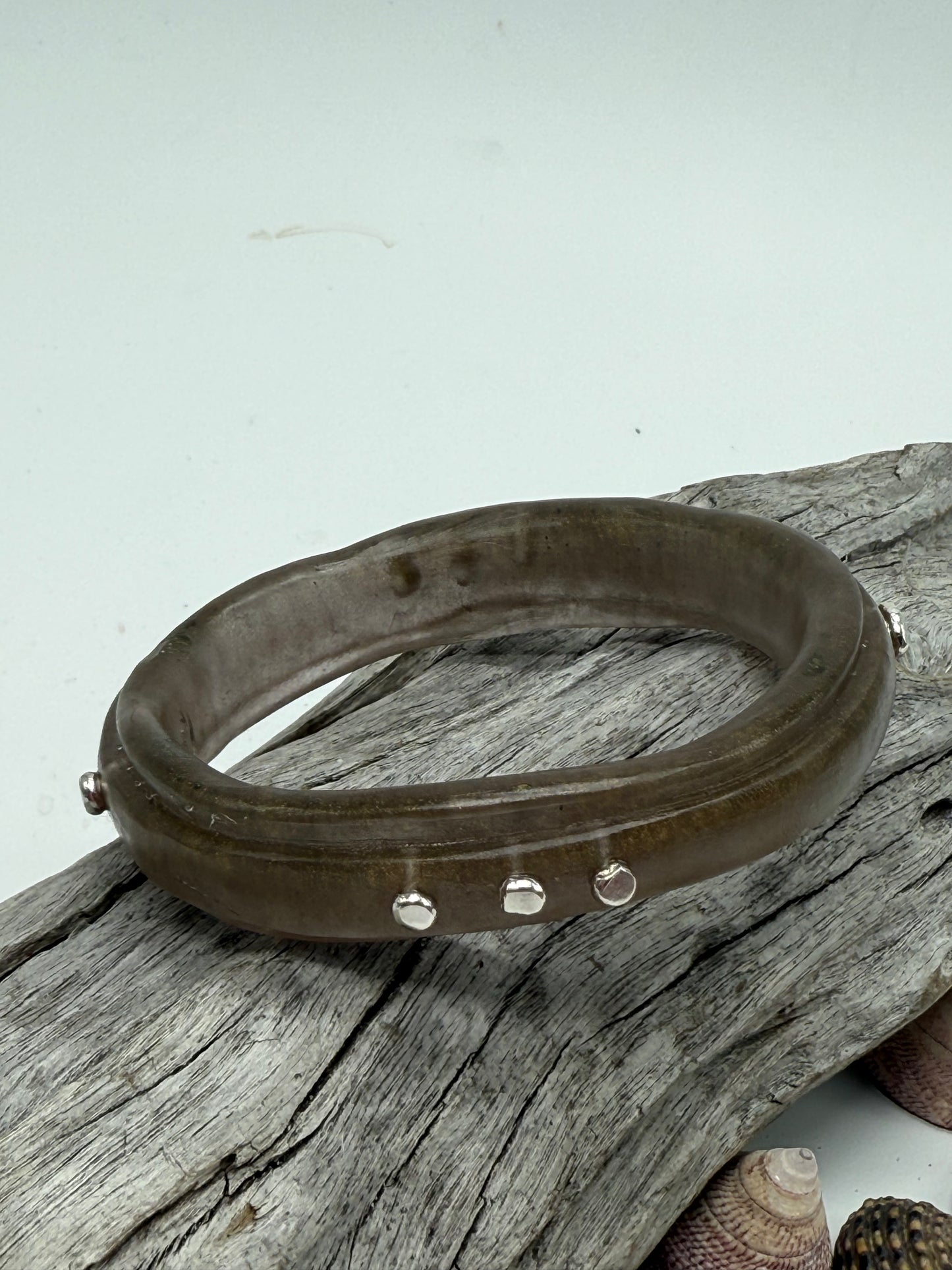 Moss Rim resin bangle with Sterling silver