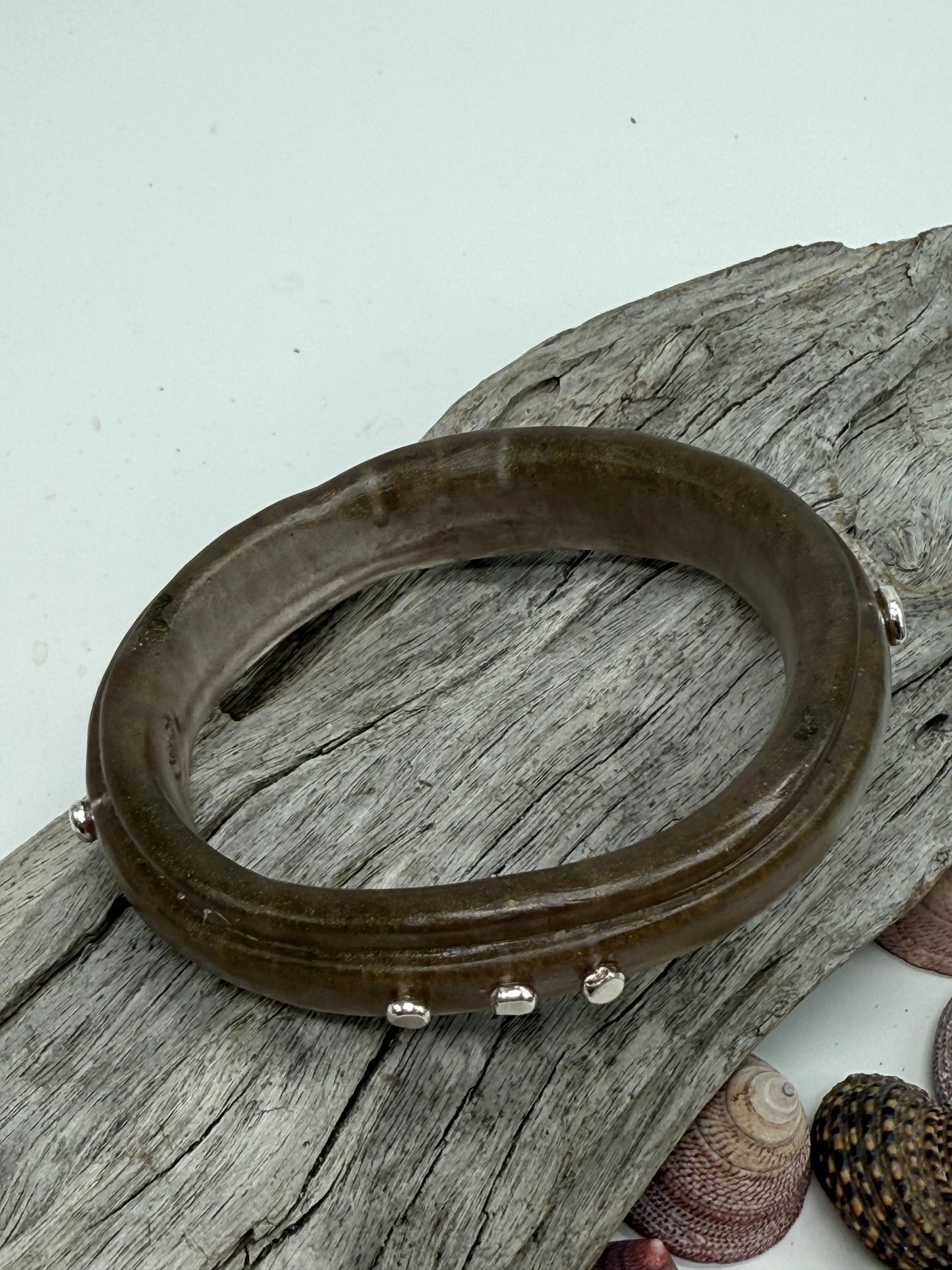 Moss Rim resin bangle with Sterling silver