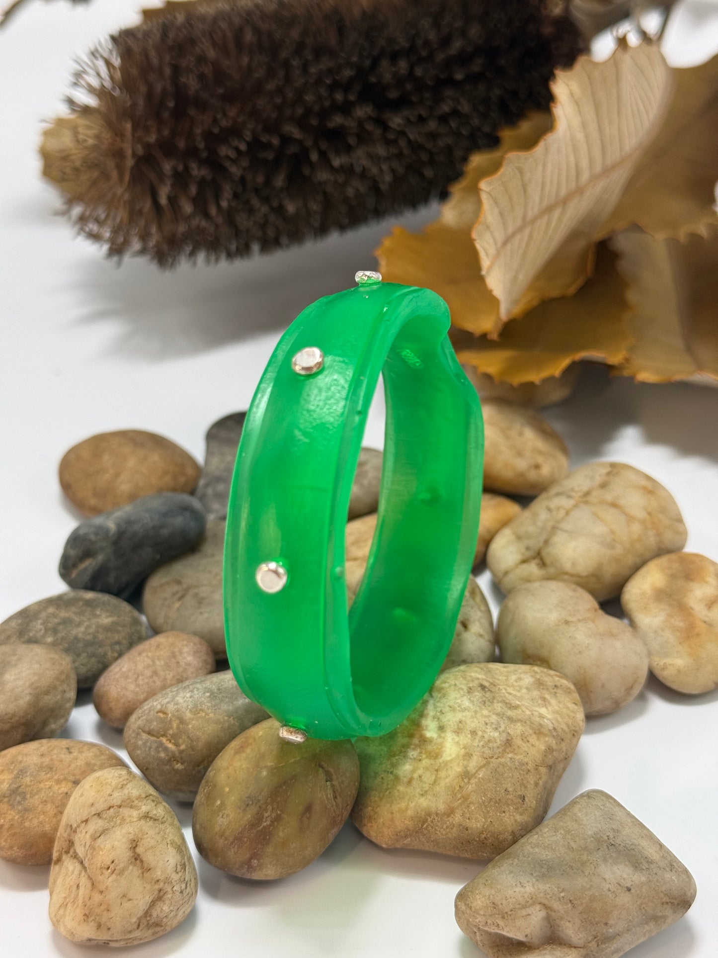 Jade Green Rim resin bangle with Sterling silver XL