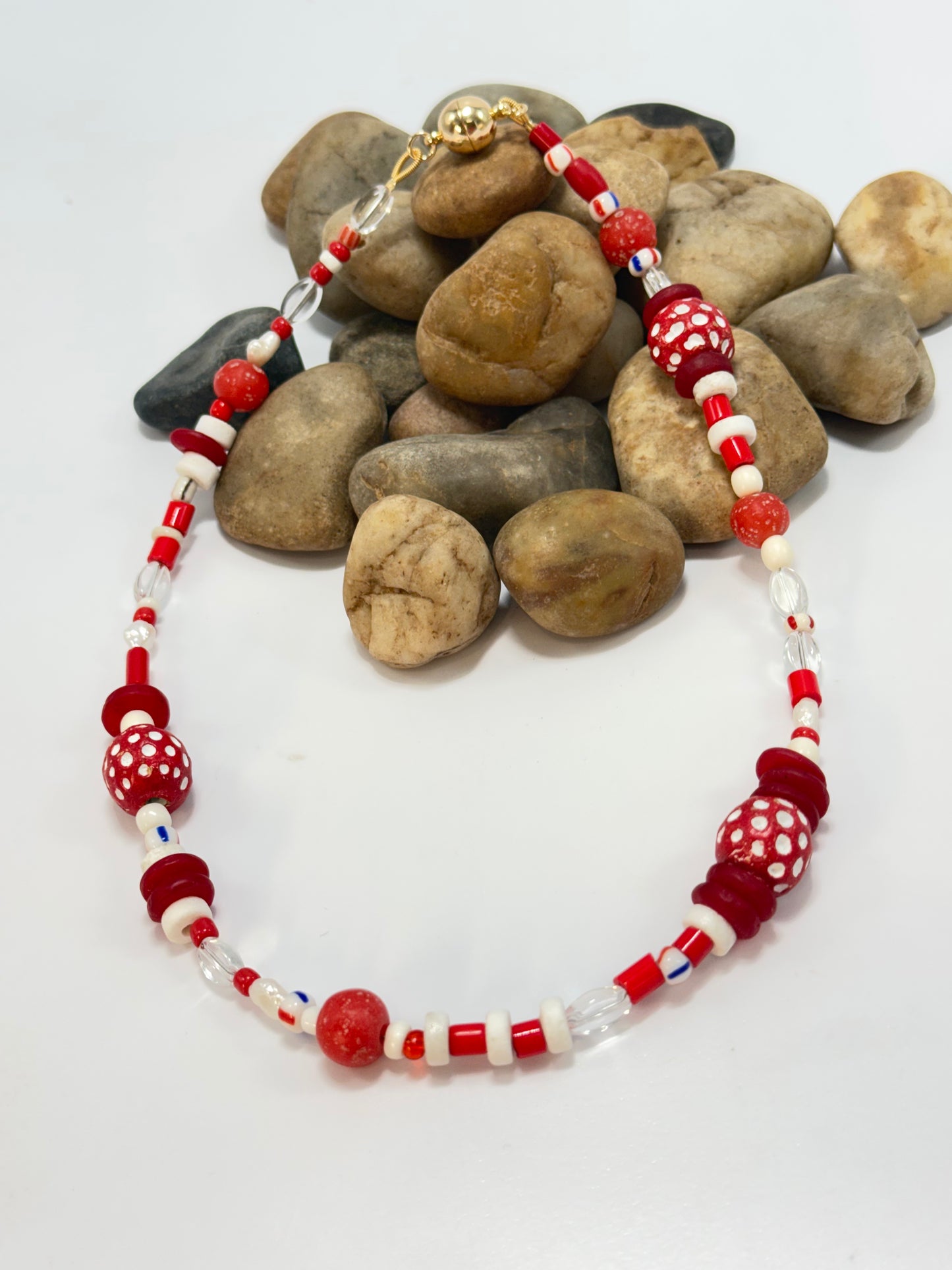 Semi Precious Reds/white and clear stones  Necklace with magnetic clasp