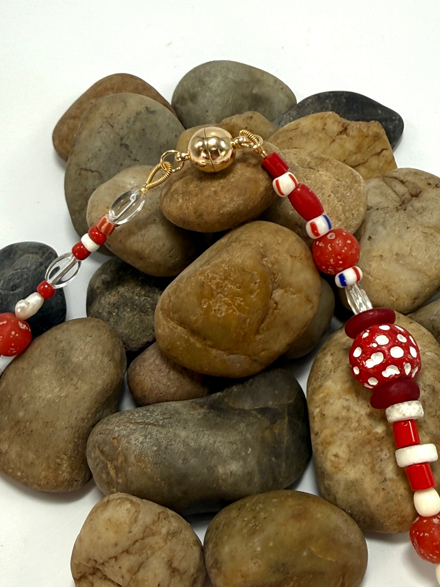 Semi Precious Reds/white and clear stones  Necklace with magnetic clasp
