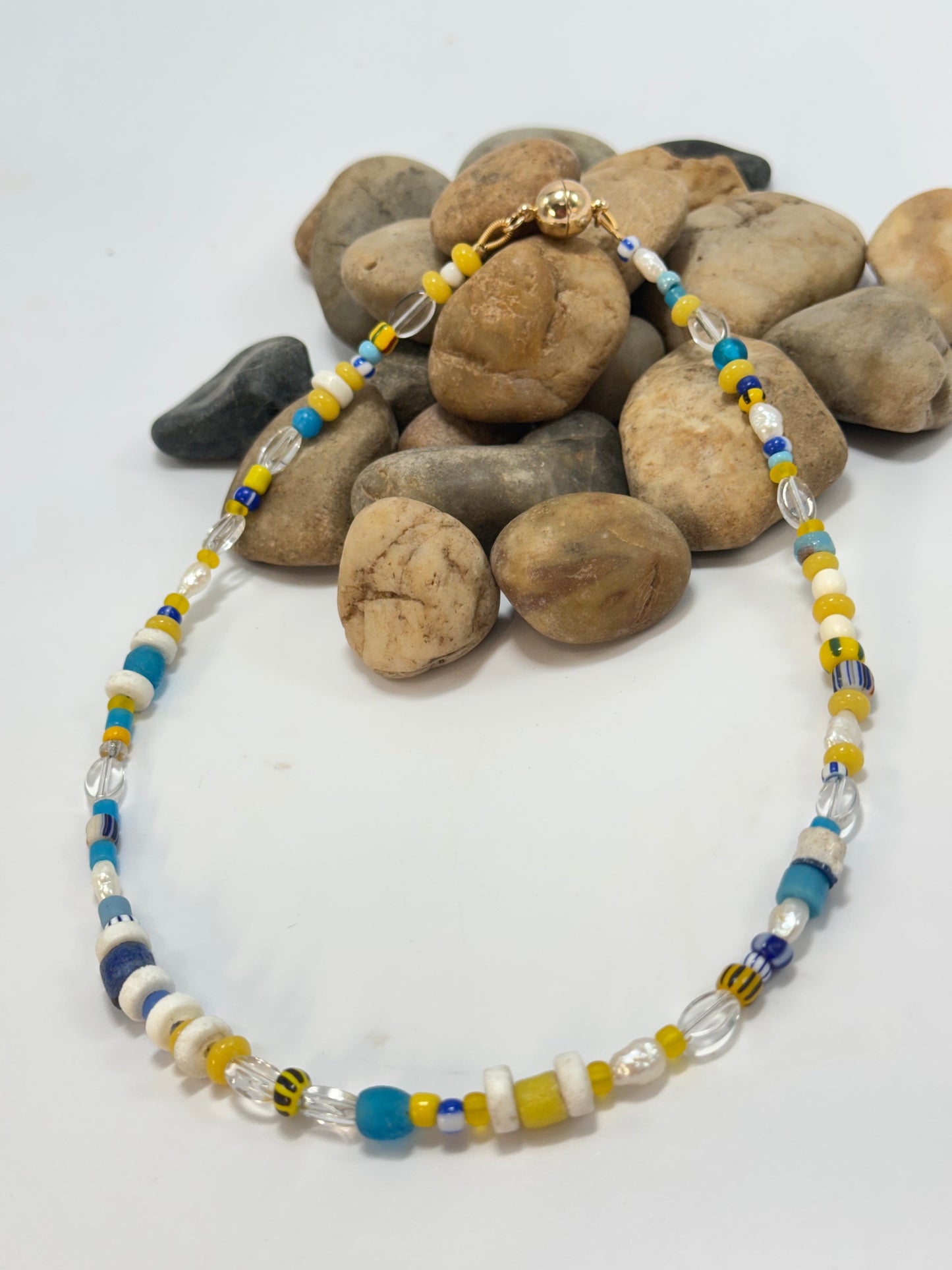Semi Precious Blues/yellow and clear stones  Necklace with magnetic clasp