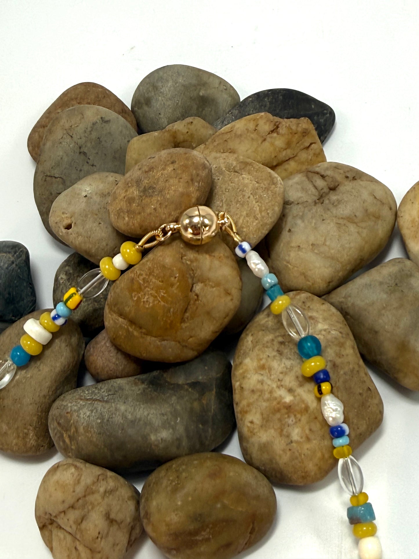Semi Precious Blues/yellow and clear stones  Necklace with magnetic clasp