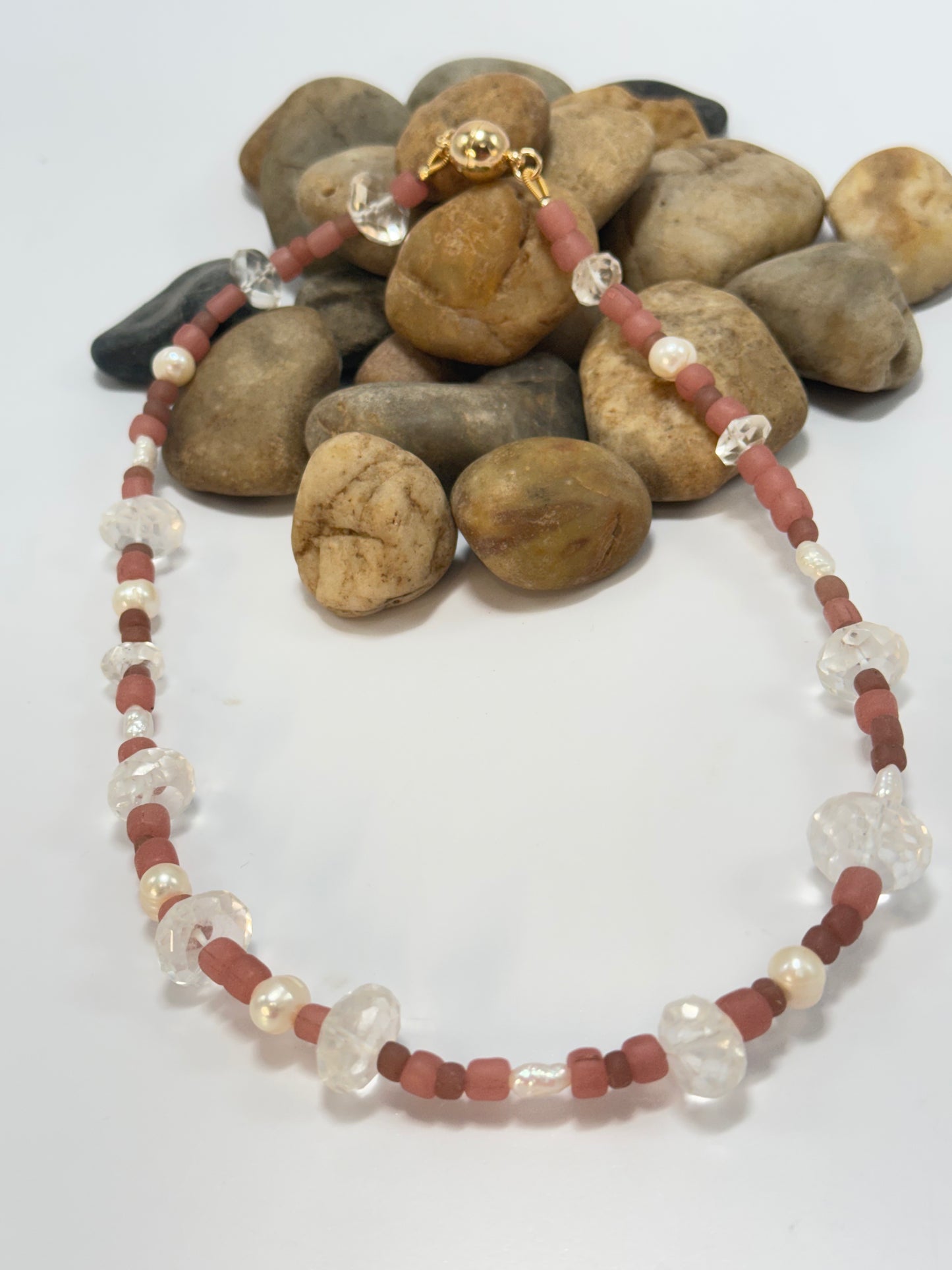 Semi Precious Pink/white and clear stones  Necklace with magnetic clasp