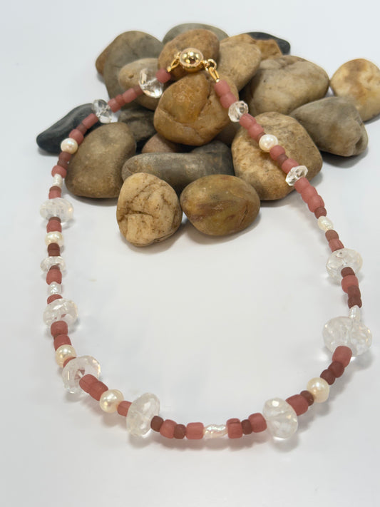 Semi Precious Pink/white and clear stones  Necklace with magnetic clasp