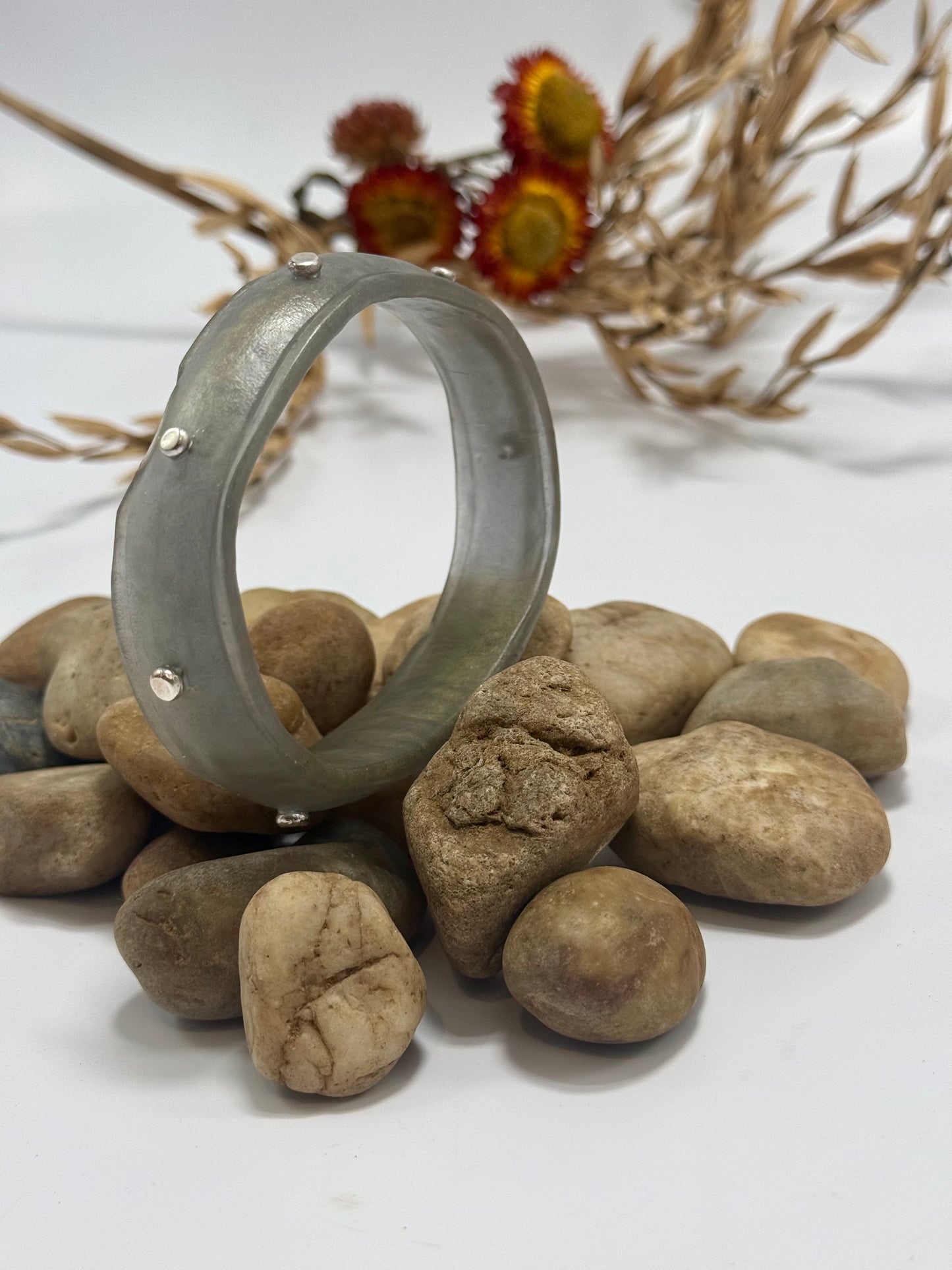 Moss Green Rim resin bangle with sterling silver XL