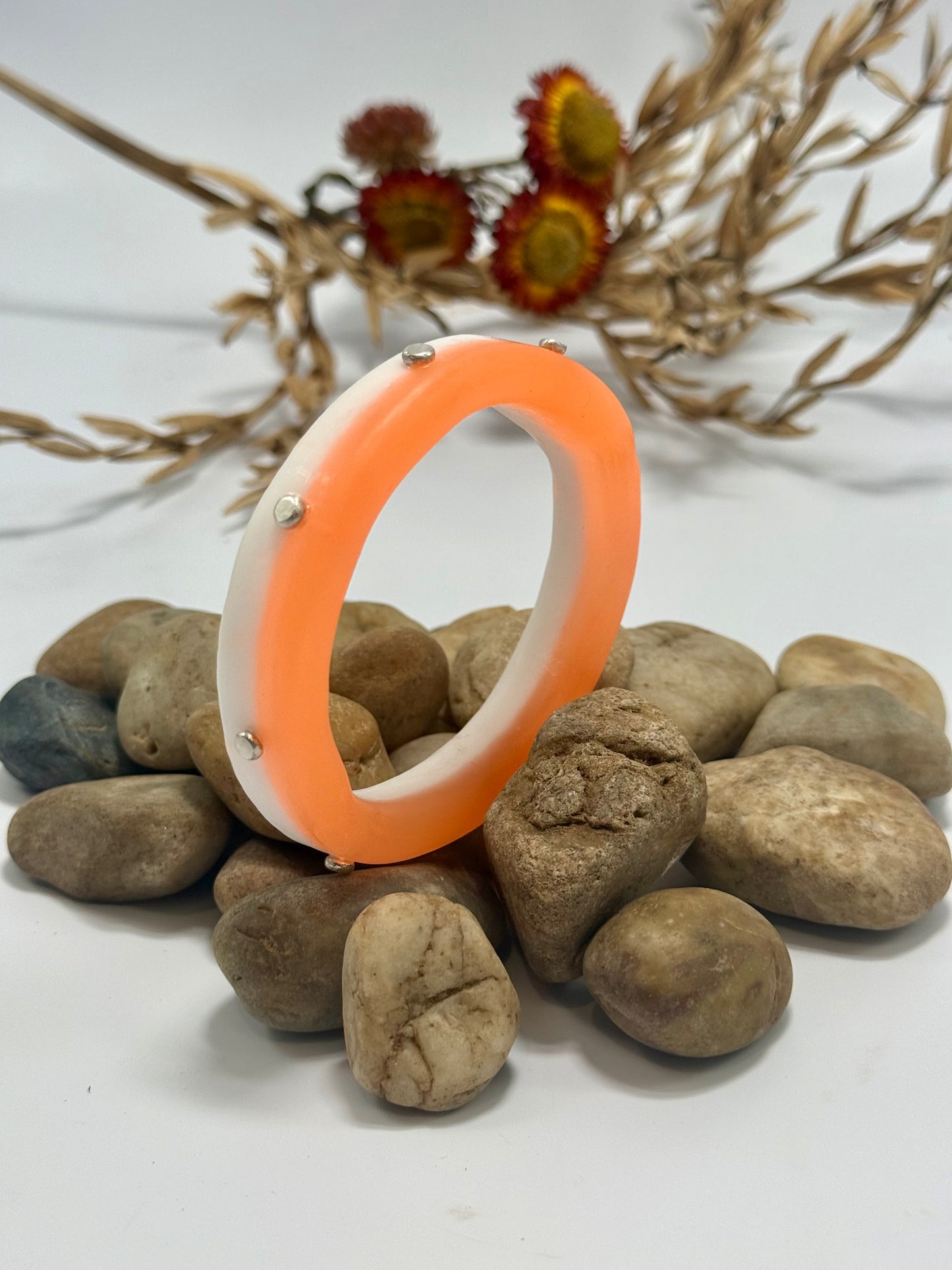 Orange & white resin Thick KWD Classic & silver Bangle