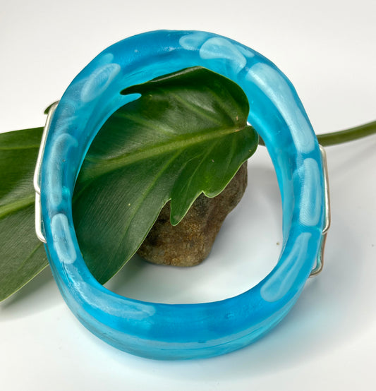 Aqua/White swirl XL Irregular KWD Resin & Silver Bangle