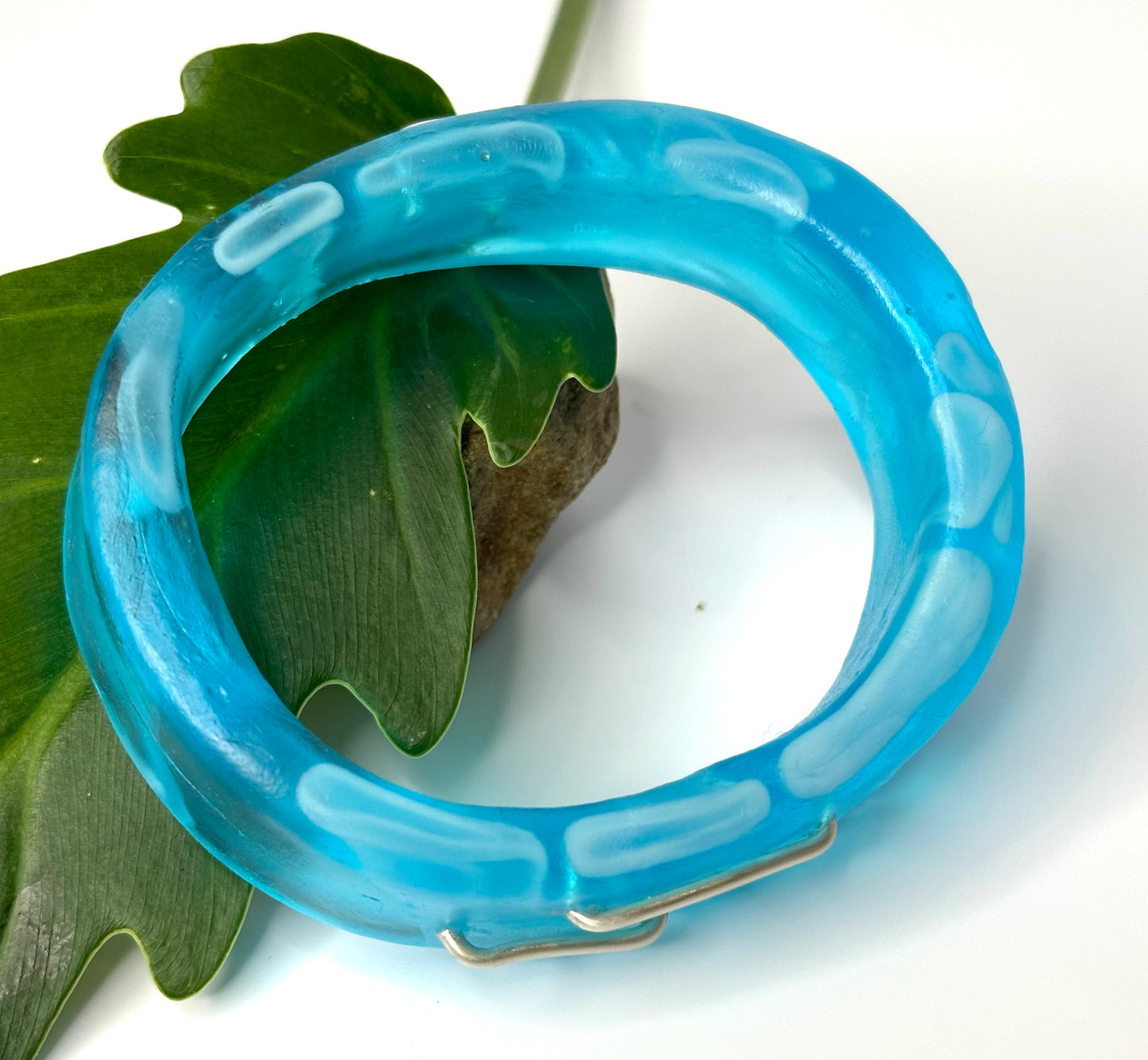 Aqua/White swirl XL Irregular KWD Resin & Silver Bangle