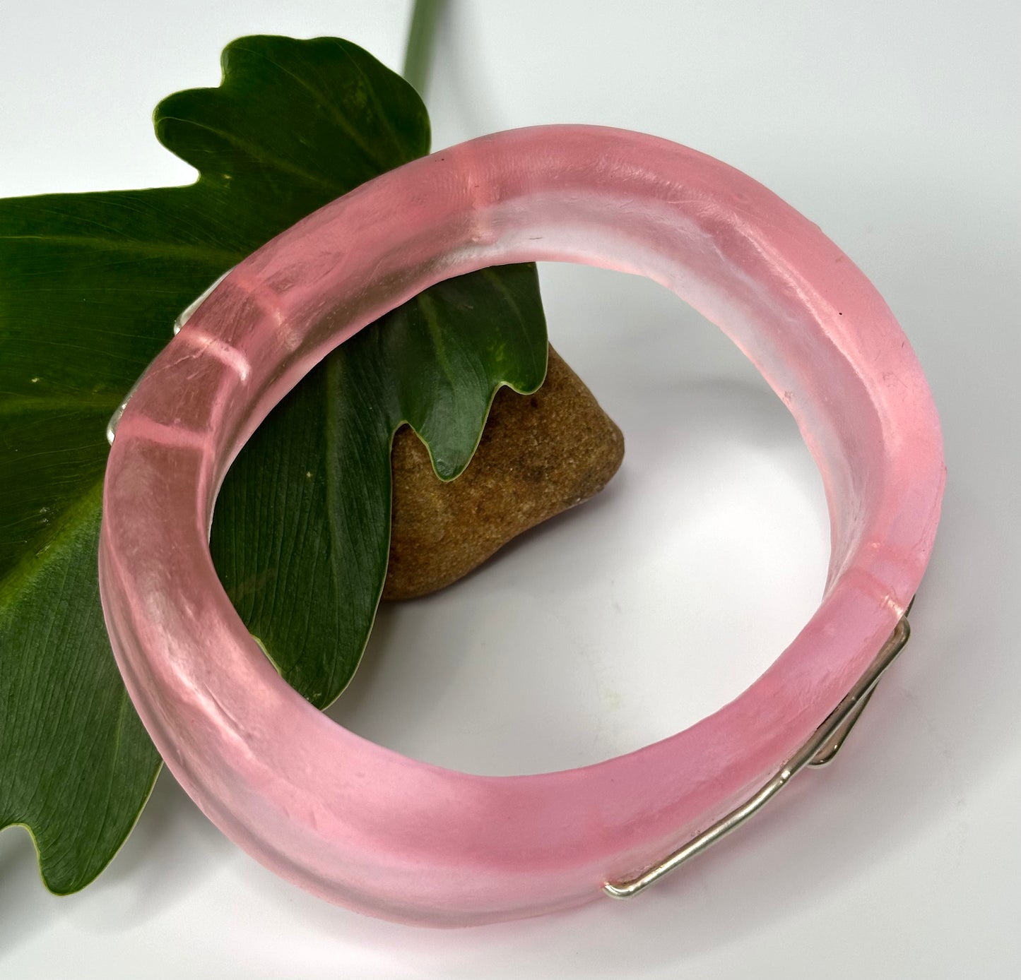 Translucent Pale Pink XL Irregular KWD Resin & Silver Bangle