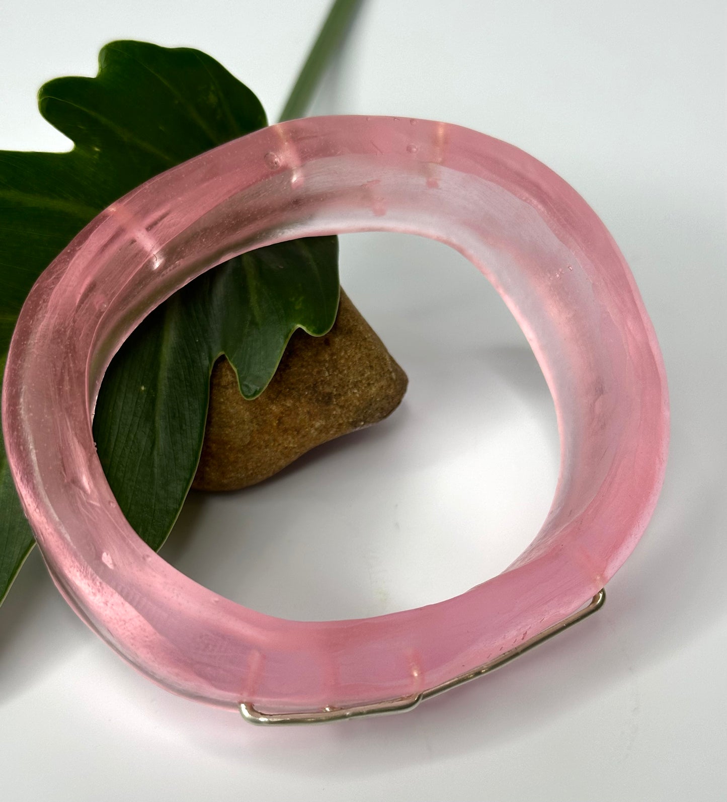 Translucent Pale Pink XL Irregular KWD Resin & Silver Bangle