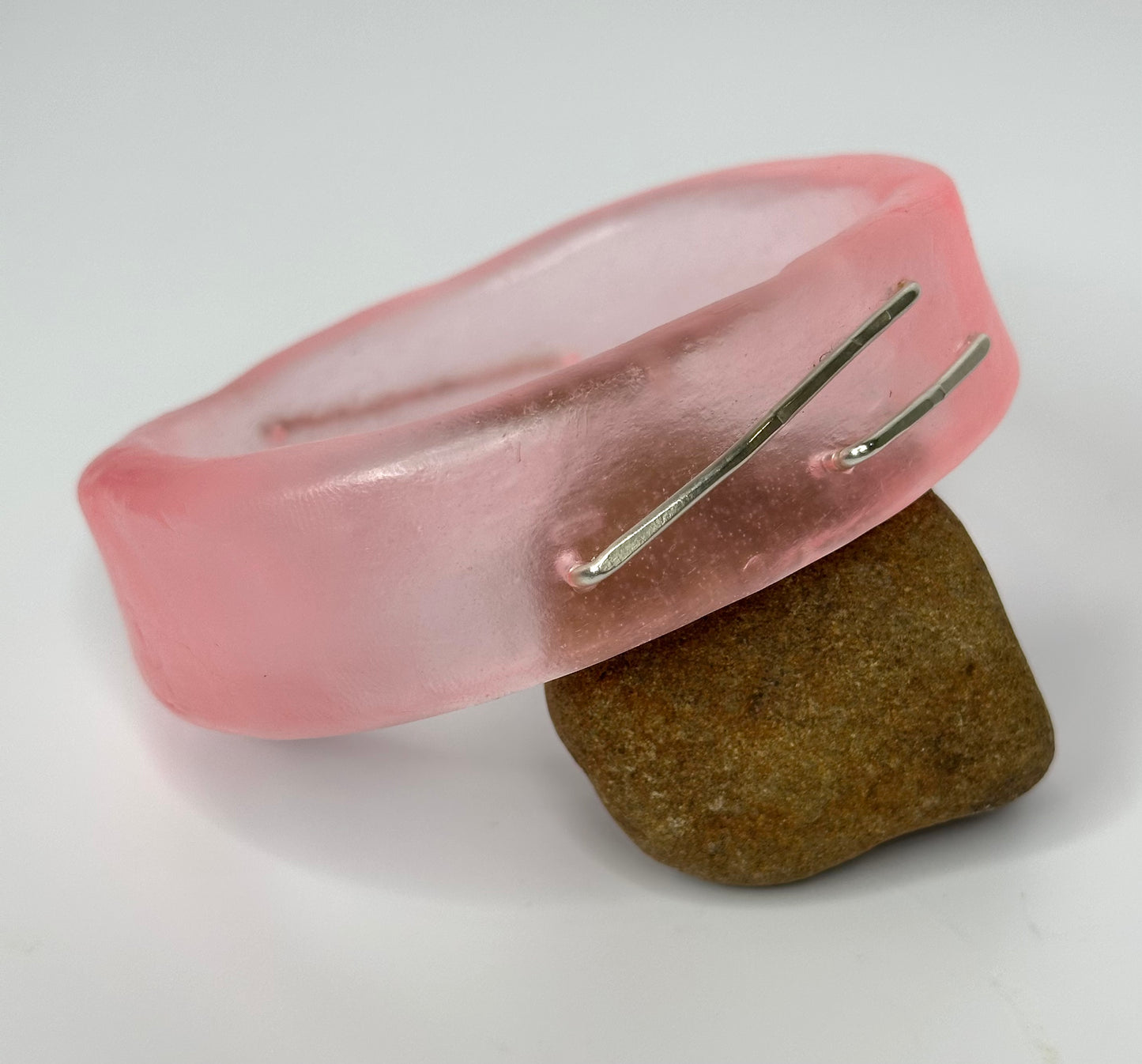 Translucent Pale Pink XL Irregular KWD Resin & Silver Bangle