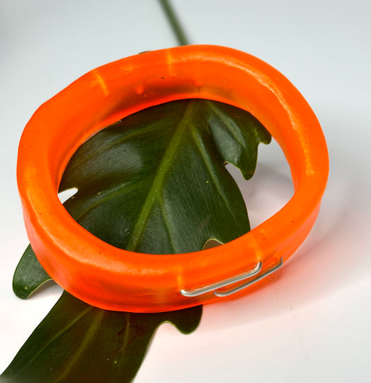 Neon Orange XL Irregular KWD Resin & Silver Bangle