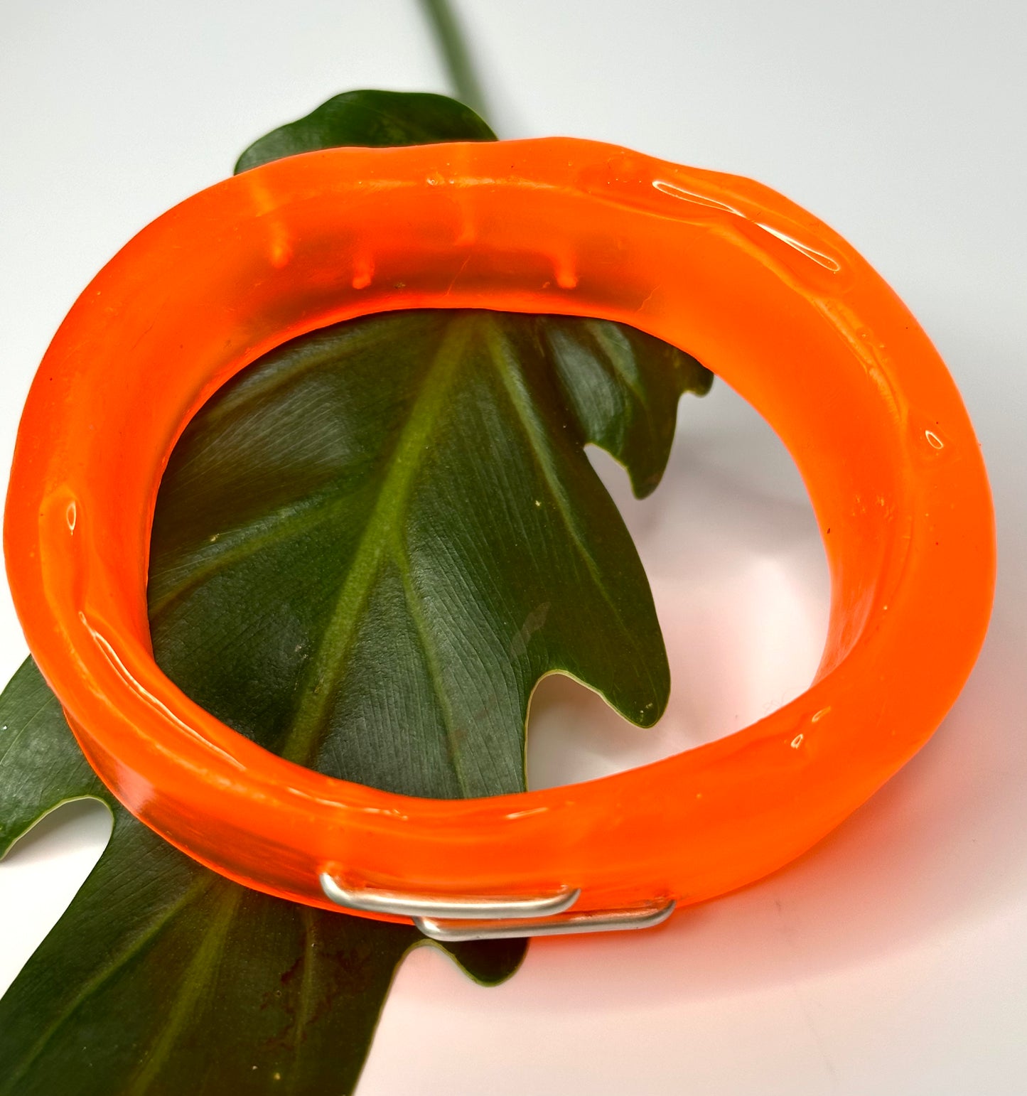 Neon Orange XL Irregular KWD Resin & Silver Bangle