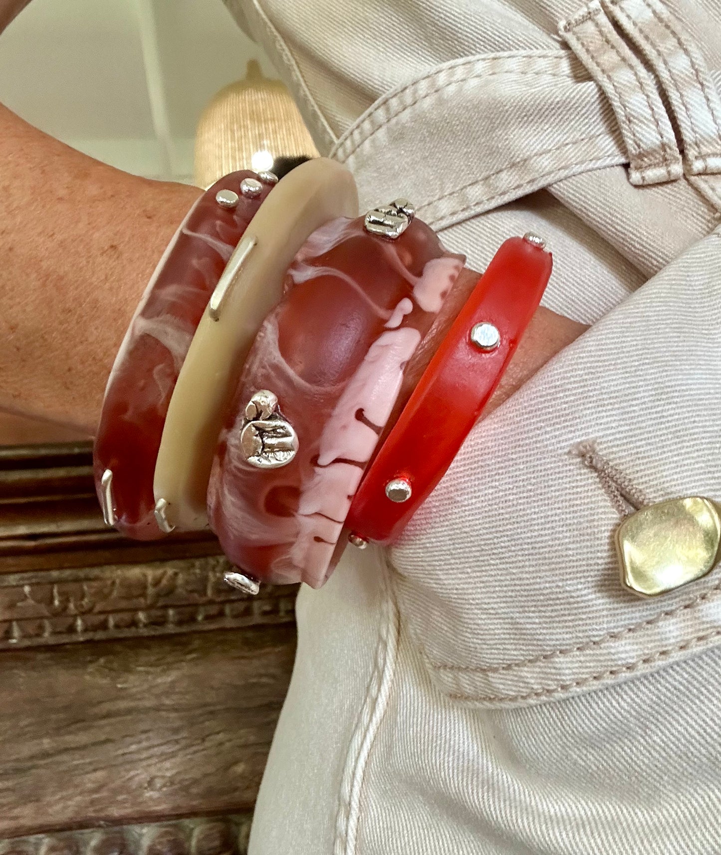 Brown/white swirl Resin & silver wide bangle