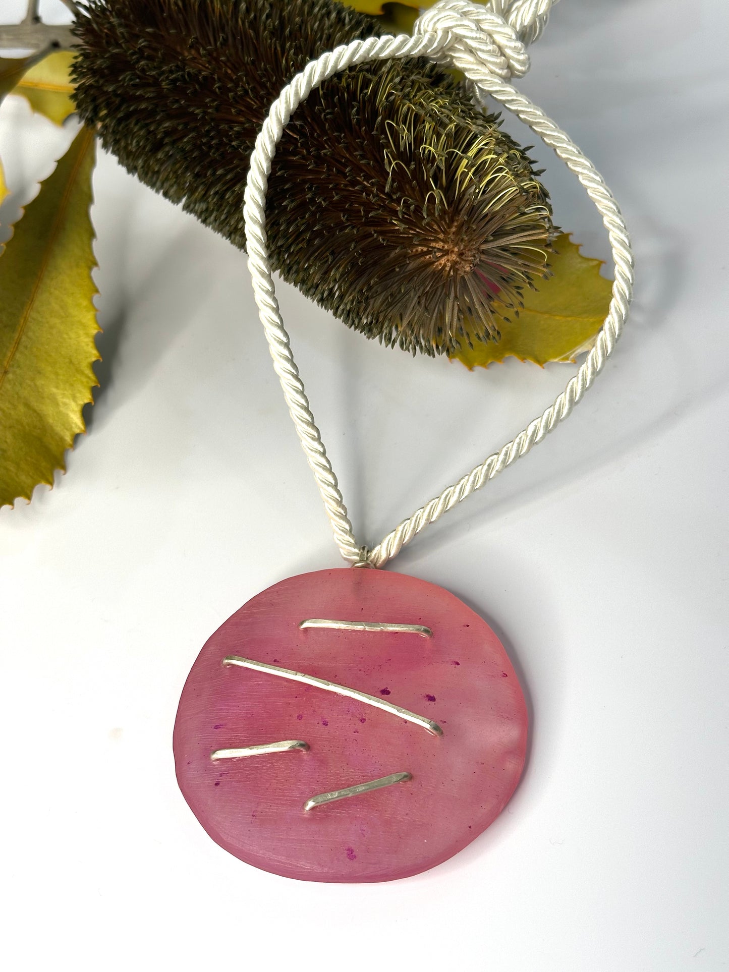 Pink Round Pendant & silver necklace