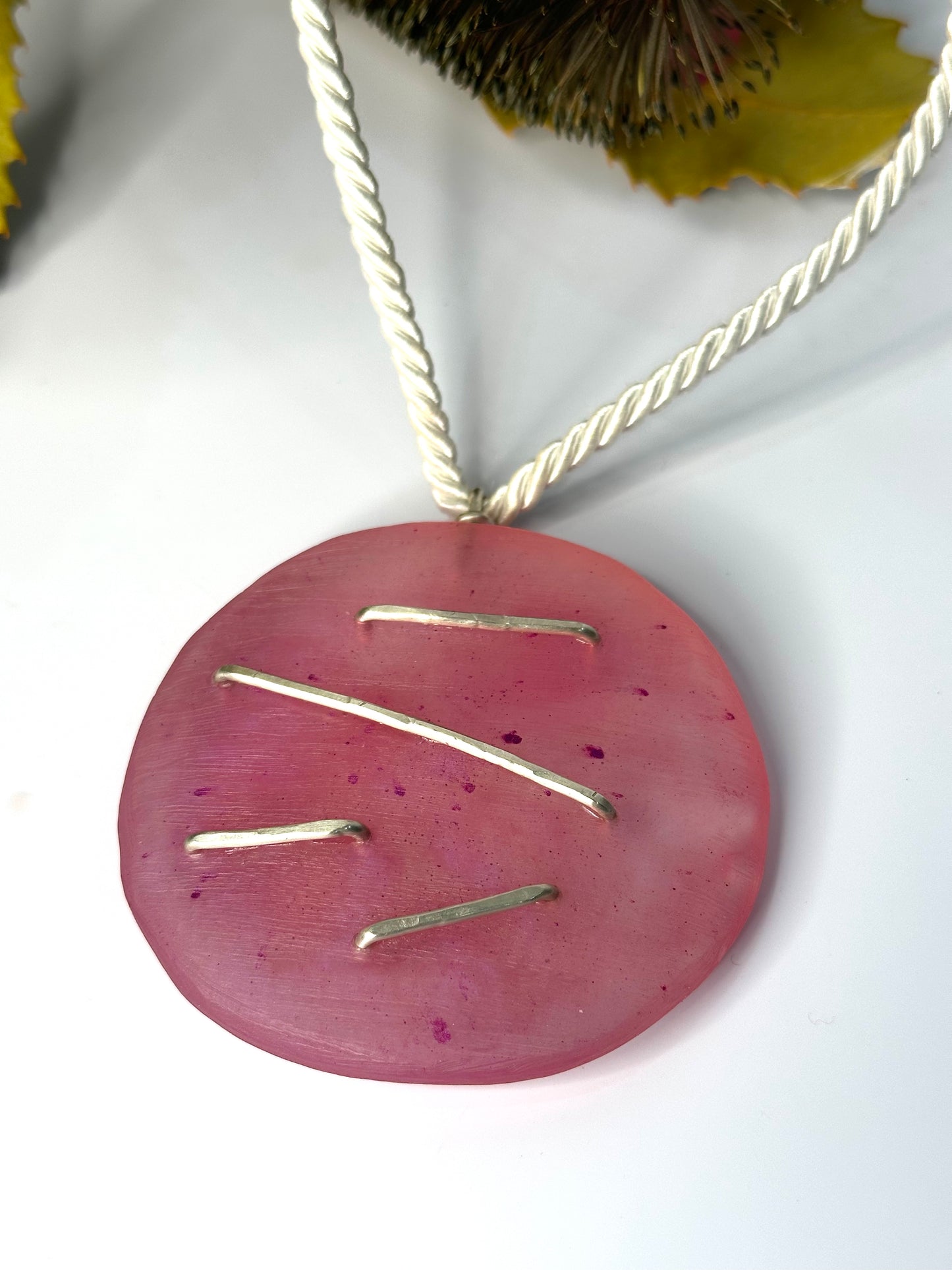 Pink Round Pendant & silver necklace