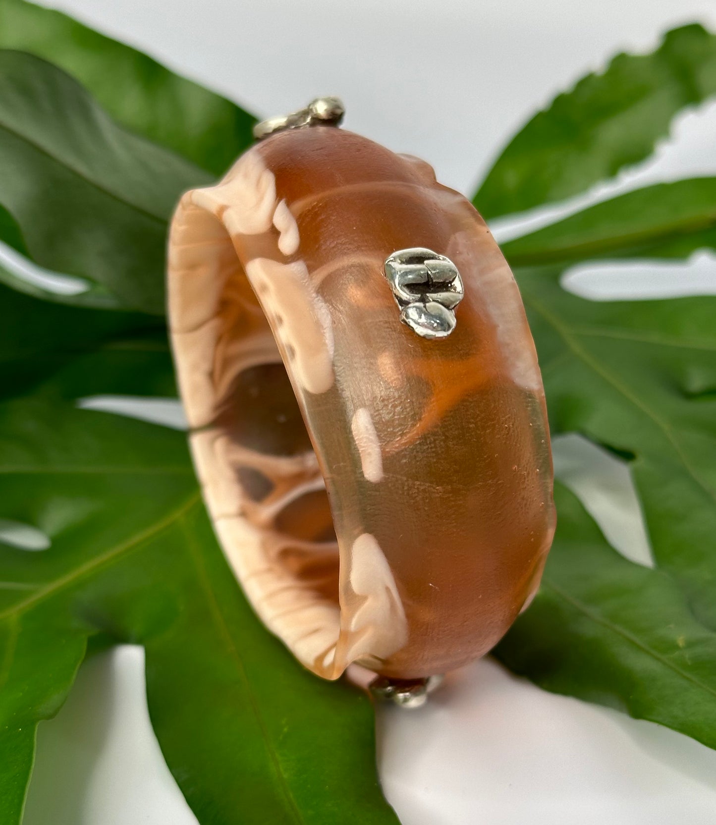 Brown/white swirl Resin & silver wide bangle