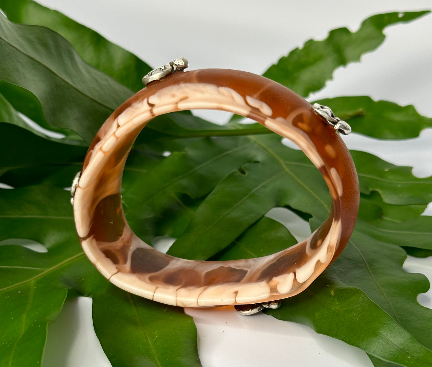 Brown/white swirl Resin & silver wide bangle