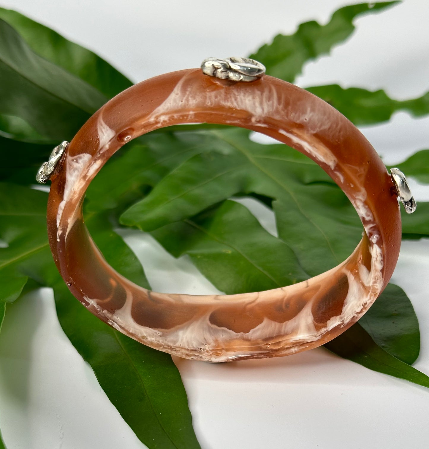 Brown/white swirl Resin & silver wide bangle